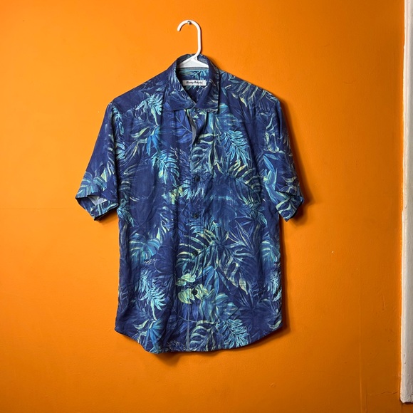 Tommy Bahama Navy and Teal Leaf Print Shirt - Picture 1 of 8